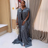 Plus Size African Women's Lace-Up Printed Maxi Dress