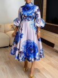 Women's Elegant Lantern Sleeve Printed Dress