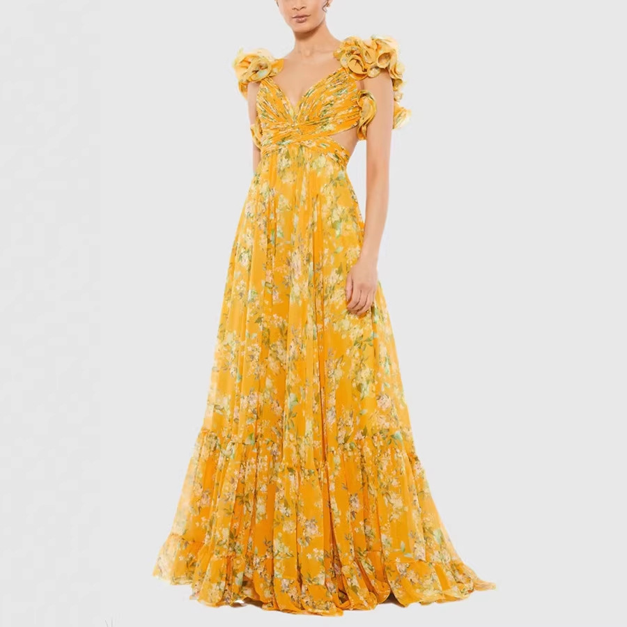Pleated Chiffon Printed Dress for Spring/Summer Holiday Parties