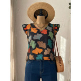 Plus Size Women's V-Neck Ruffled Printed Short Sleeve Top