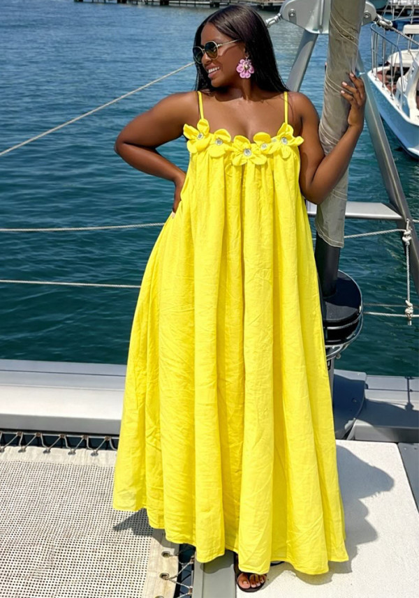 African Women's Floral Sleeveless Spaghetti Strap Maxi Dress