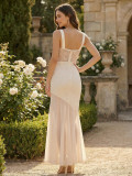Women's French Style Spaghetti Strap Sexy Lace Ruched Maxi Dress