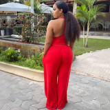 Women's Casual Fitted Halter Neck Strapless Top & Lace-Up Wide Leg Pants Two-Piece Set