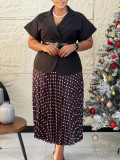 African Women's Turndown Collar Short Sleeve Top & Polka Dot Pleated Skirt Two-Piece Set