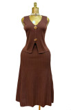 Women's Shell Button V-Neck Vest & Ruched Skirt Knitted Two-Piece Set