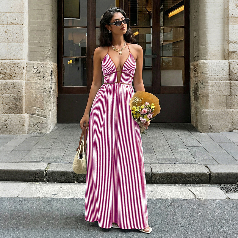 Striped V-Neck Backless Halter Maxi Dress for Summer