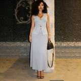 Women's Shell Button V-Neck Vest & Ruched Skirt Knitted Two-Piece Set