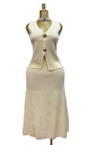 Women's Shell Button V-Neck Vest & Ruched Skirt Knitted Two-Piece Set