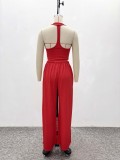 Women's Casual Fitted Halter Neck Strapless Top & Lace-Up Wide Leg Pants Two-Piece Set