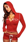 Women's Casual Letter Print Zipper Hooded Top & Tie Shorts Two-Piece Set