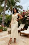 Women's Shell Button V-Neck Vest & Ruched Skirt Knitted Two-Piece Set