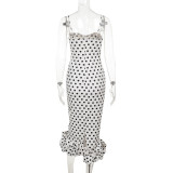 Women's French Style Polka Dot Ruched Spaghetti Strap Maxi Dress