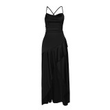 Women's French Style Polka Dot Ruched Spaghetti Strap Maxi Dress