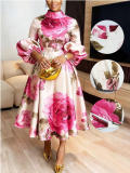 Women's Elegant Lantern Sleeve Printed Dress