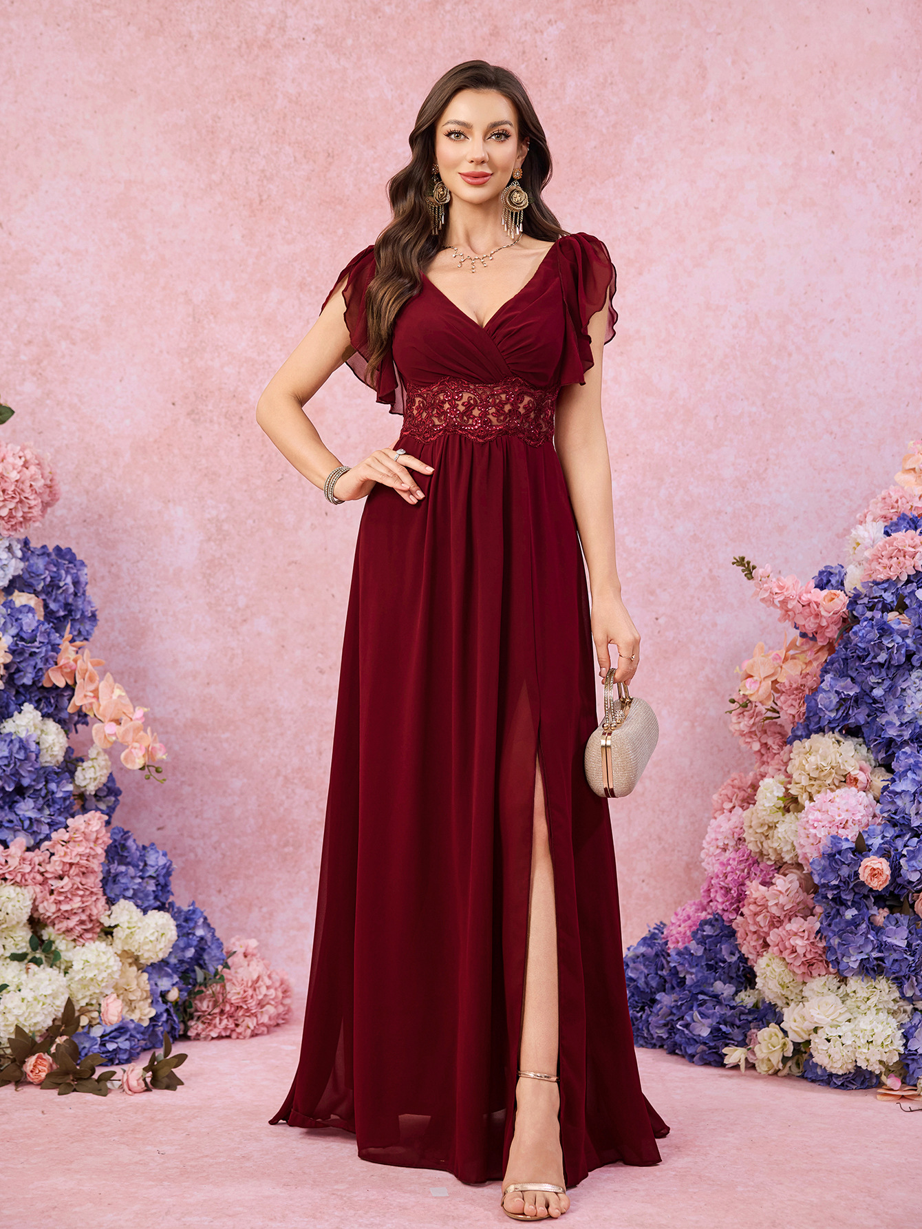 Navy V-Neck High Slit Evening Gown for Prom