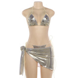 Women's Spring Shiny Button Sexy Halter Neck Tie Three-Piece Swimsuit