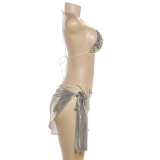 Women's Spring Shiny Button Sexy Halter Neck Tie Three-Piece Swimsuit