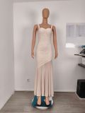 Women's French Style Spaghetti Strap Sexy Lace Ruched Maxi Dress