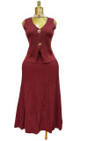 Women's Shell Button V-Neck Vest & Ruched Skirt Knitted Two-Piece Set