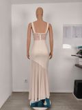 Women's French Style Spaghetti Strap Sexy Lace Ruched Maxi Dress