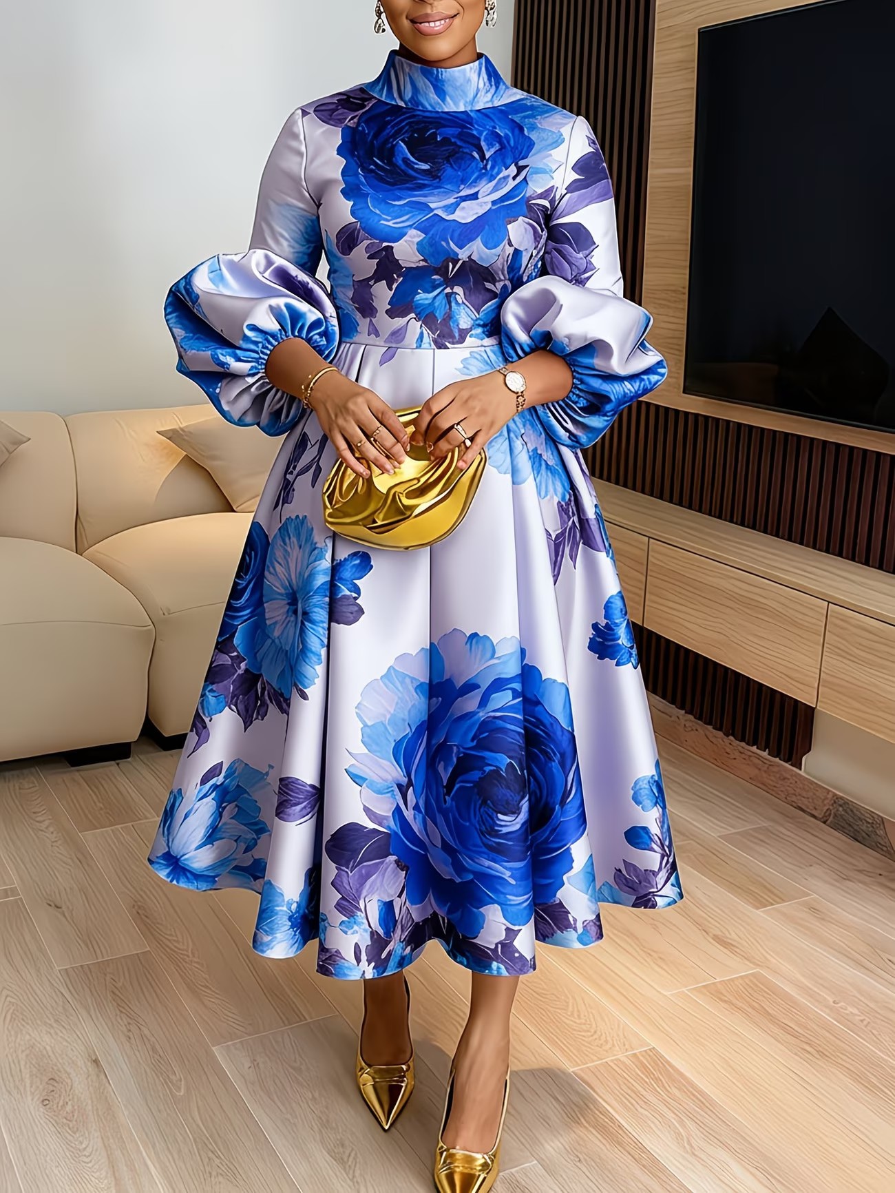 Lantern Sleeve Printed Dress for Elegant Events