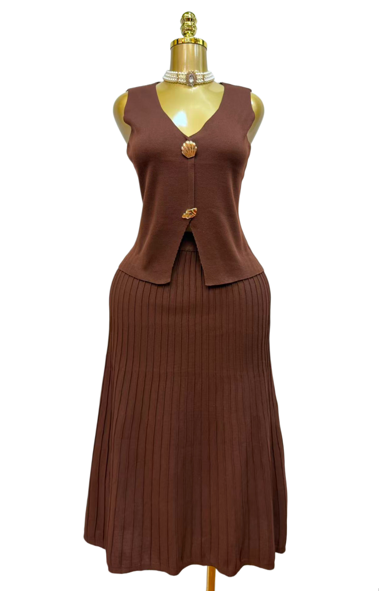 Knitted Shell Button Vest & Ruched Skirt Two-Piece Set