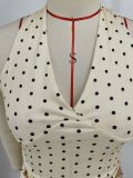 Women's Spring & Summer Polka Dot Halter Neck Backless High Slit Pleated Two-Piece Set