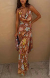 Women's Spring & Summer Printed Ribbon Casual Holiday Party Maxi Dress