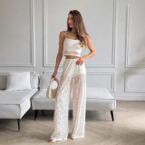 Women's White Lace Spaghetti Strap Summer Top & Wide Leg Pants Two-Piece Set