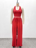 Women's Casual Fitted Halter Neck Strapless Top & Lace-Up Wide Leg Pants Two-Piece Set