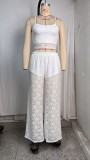 Women's White Lace Spaghetti Strap Summer Top & Wide Leg Pants Two-Piece Set