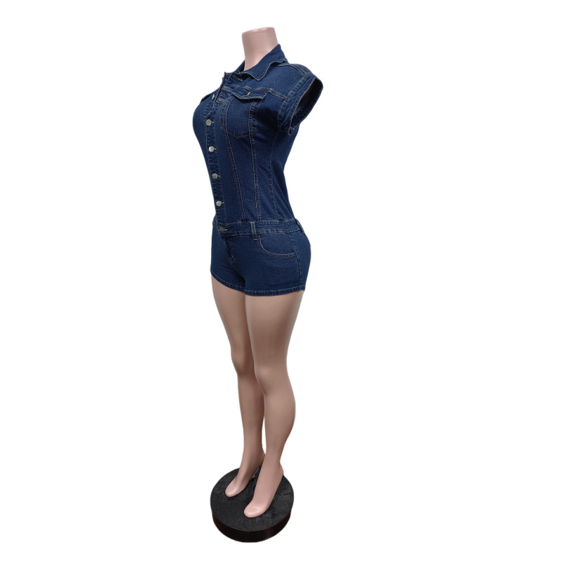 Stretchy Sleeveless Denim Jumpsuit for Casual Streetwear
