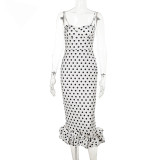 Women's French Style Polka Dot Ruched Spaghetti Strap Maxi Dress