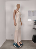 Women's French Style Spaghetti Strap Sexy Lace Ruched Maxi Dress