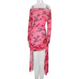 Women's Printed Sexy Mesh Backless Ruched Dress