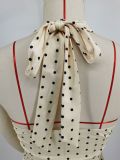 Women's Spring & Summer Polka Dot Halter Neck Backless High Slit Pleated Two-Piece Set