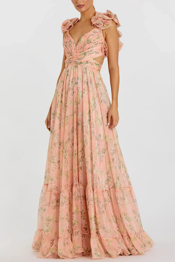 Pleated Chiffon Printed Dress for Spring/Summer Holiday Parties