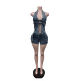 Women's Summer Printed Beaded Sexy Backless Halter Neck Top & Shorts Two-Piece Set