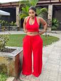 Women's Casual Fitted Halter Neck Strapless Top & Lace-Up Wide Leg Pants Two-Piece Set