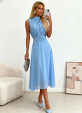 Women's Light Blue Sleeveless Ruched Summer Elegant Dress