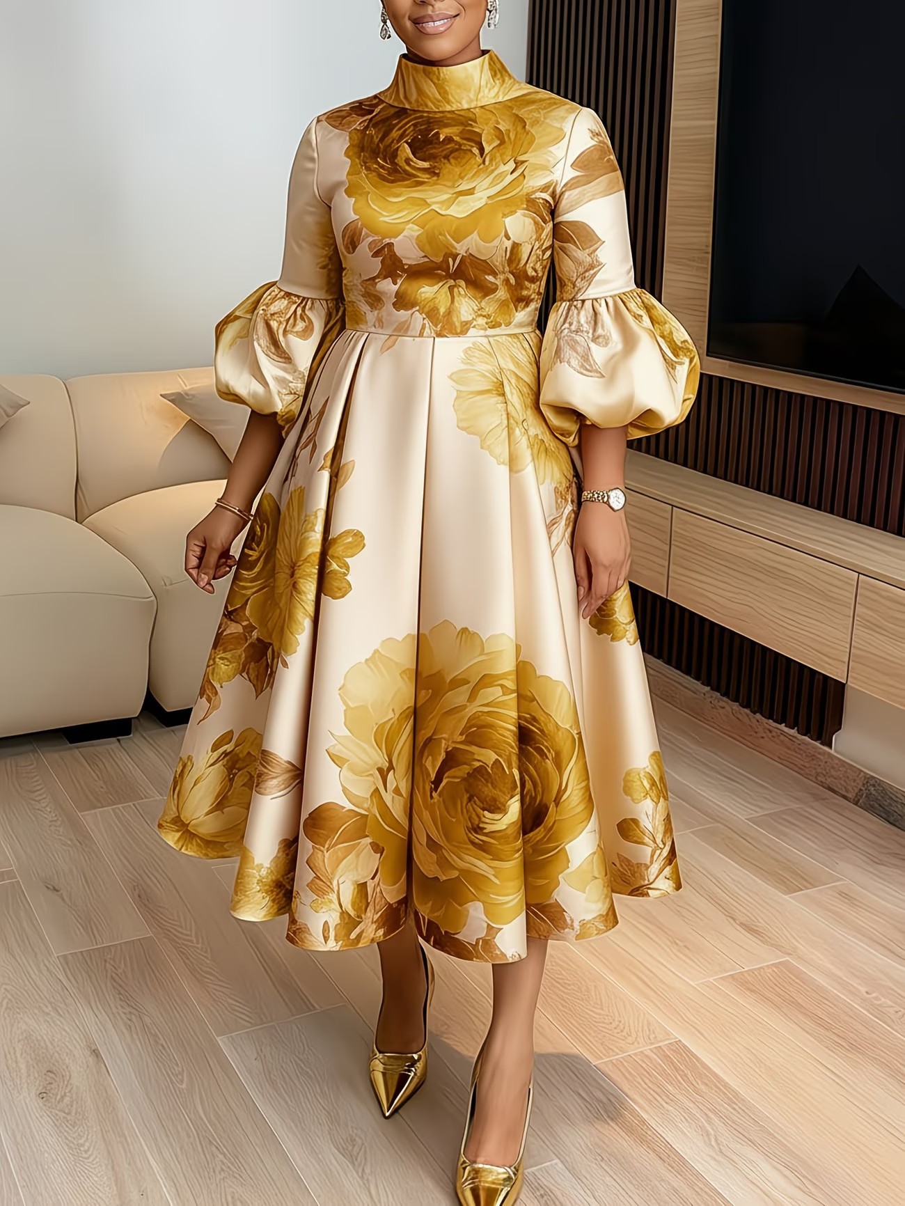 Lantern Sleeve Printed Dress for Elegant Events