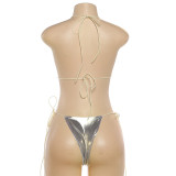 Women's Spring Shiny Button Sexy Halter Neck Tie Three-Piece Swimsuit