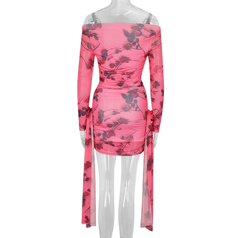 Printed Mesh Backless Ruched Dress for Evening Parties