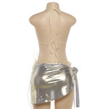 Women's Spring Shiny Button Sexy Halter Neck Tie Three-Piece Swimsuit