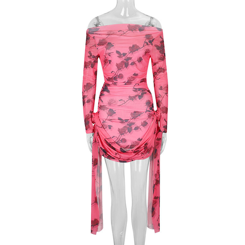 Printed Mesh Backless Ruched Dress for Evening Parties