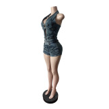 Women's Summer Printed Beaded Sexy Backless Halter Neck Top & Shorts Two-Piece Set