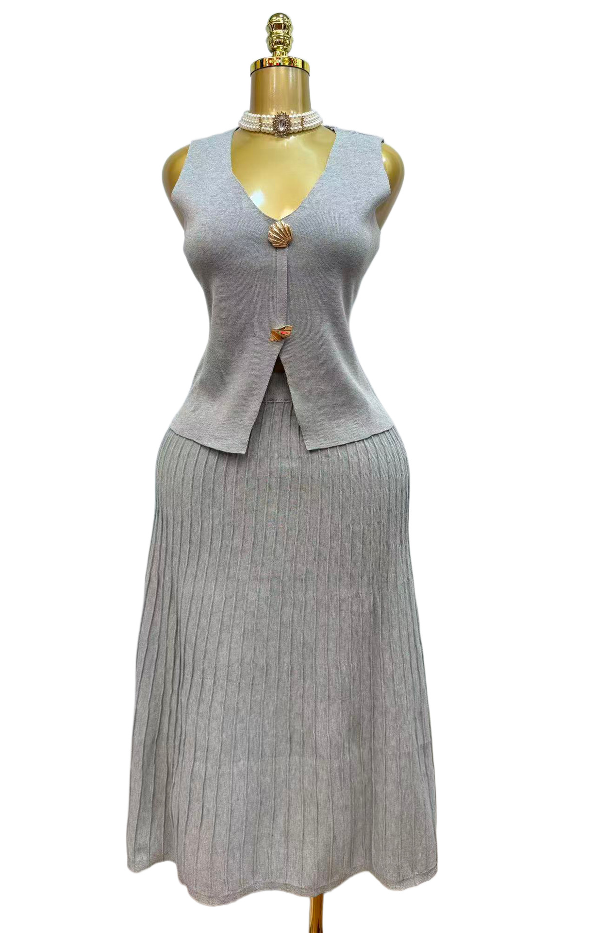 Knitted Shell Button Vest & Ruched Skirt Two-Piece Set