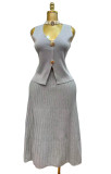 Women's Shell Button V-Neck Vest & Ruched Skirt Knitted Two-Piece Set
