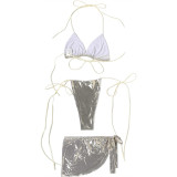 Women's Spring Shiny Button Sexy Halter Neck Tie Three-Piece Swimsuit