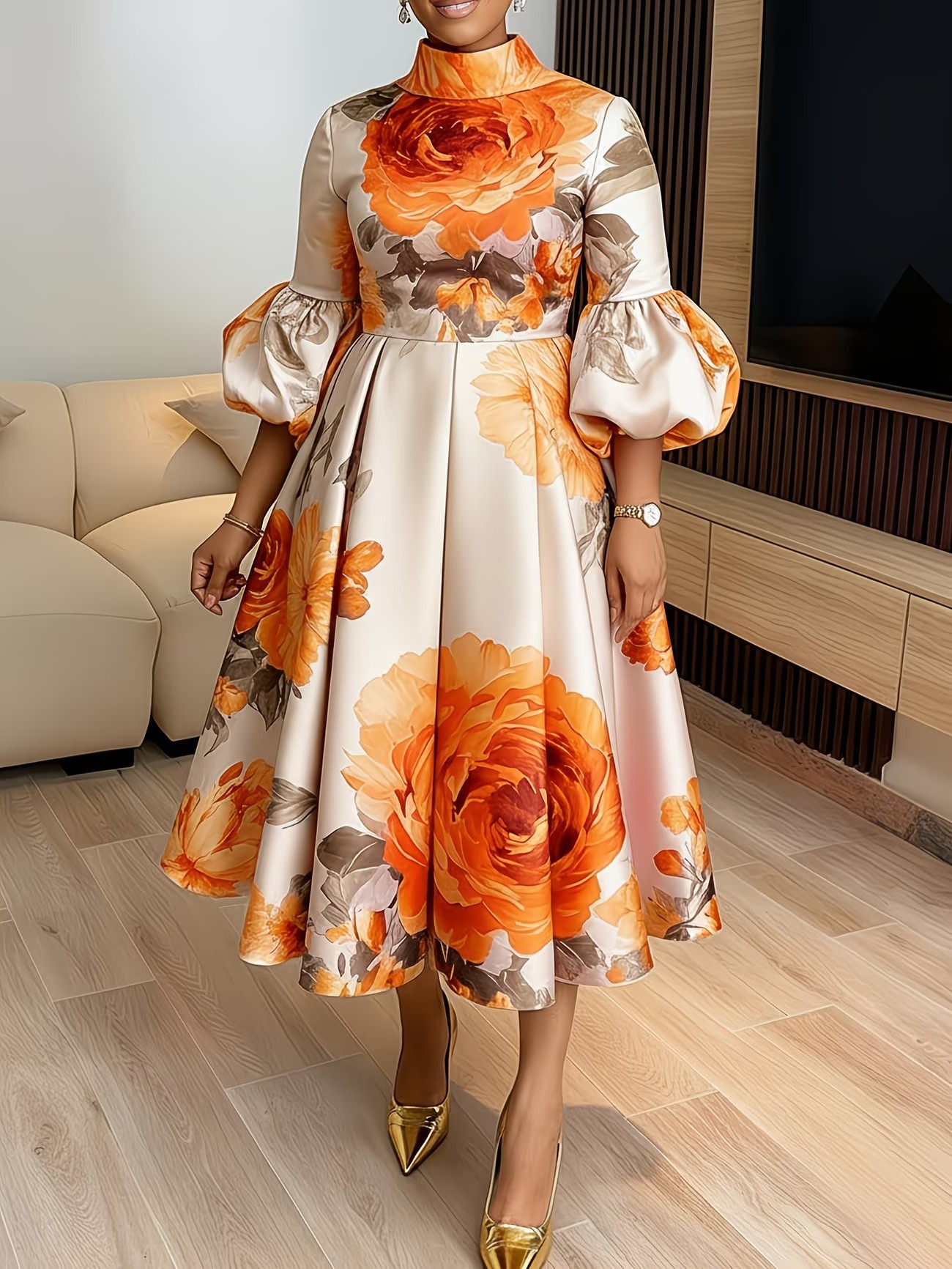 Lantern Sleeve Printed Dress for Elegant Events